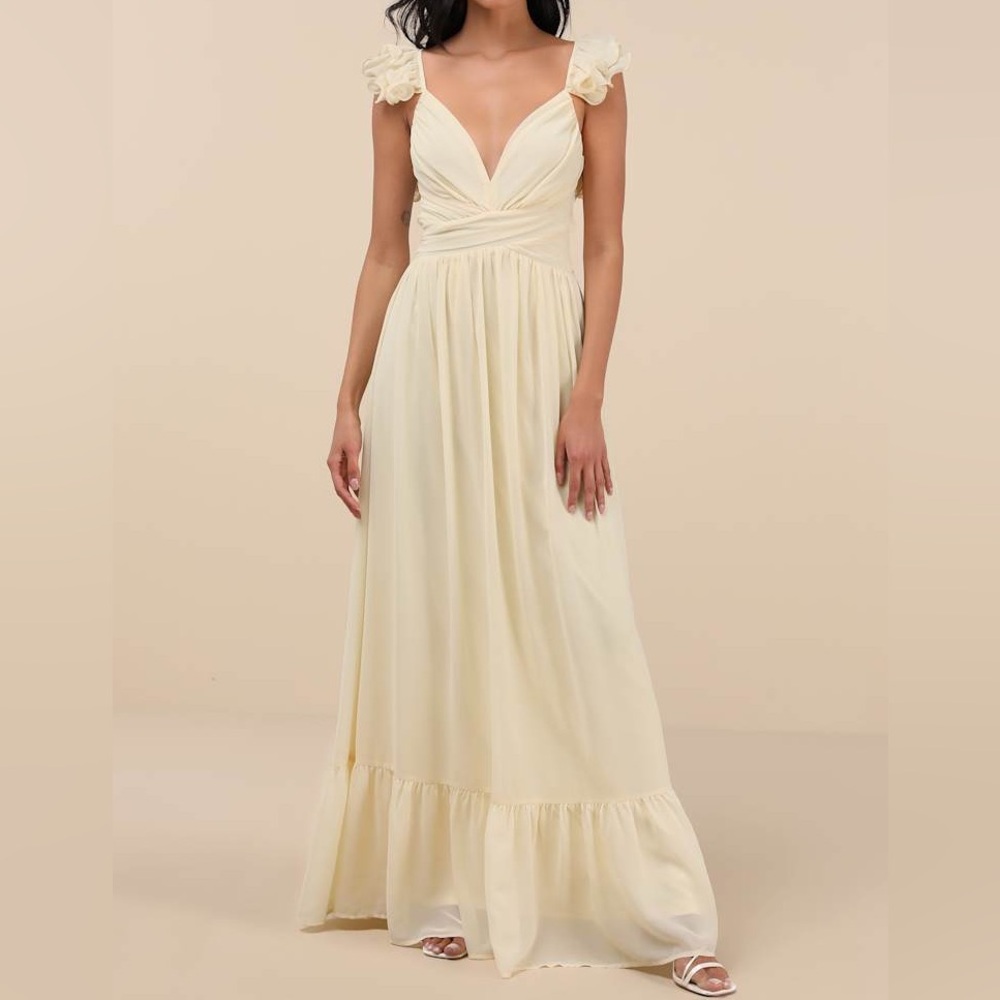 LULUS- Light Yellow Ruffled Lace Up Maxi Dress